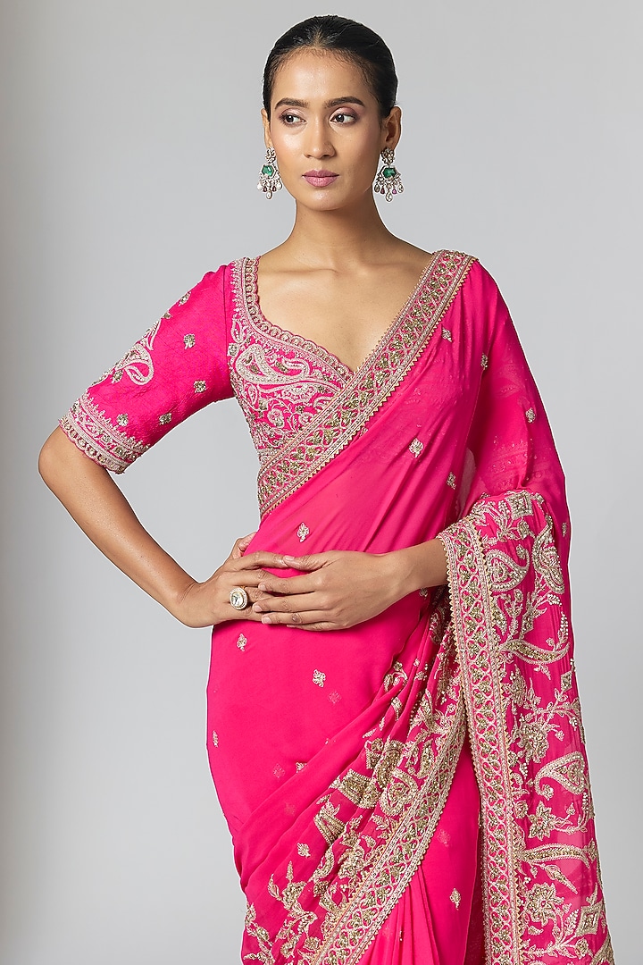 Fuchsia Pink Georgette Embroidered Bridal Saree Set by Torani at Pernia's Pop Up Shop