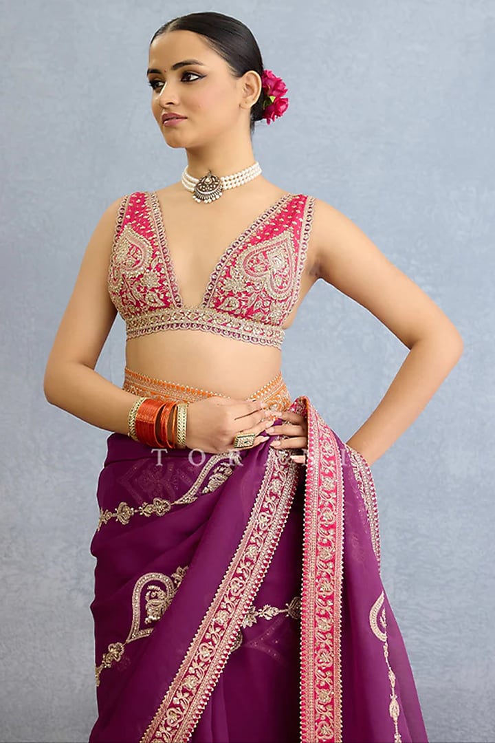 Purple Georgette Dori Embroidered Bridal Saree Set by TORANI at Pernia's Pop Up Shop