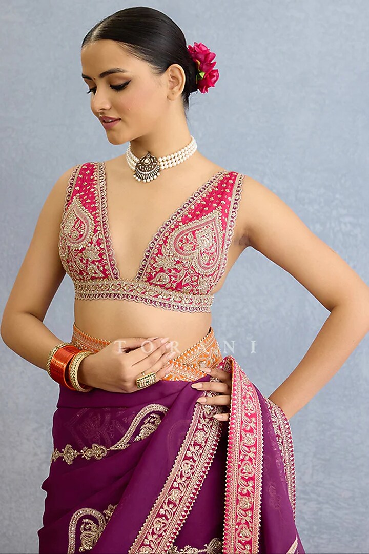 Purple Georgette Dori Embroidered Bridal Saree Set by TORANI at Pernia's Pop Up Shop