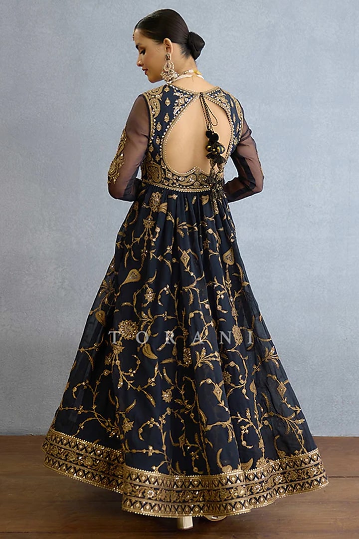 Black Muslin Silk & Georgette Zari Embellished Bridal Anarkali Set by TORANI at Pernia's Pop Up Shop