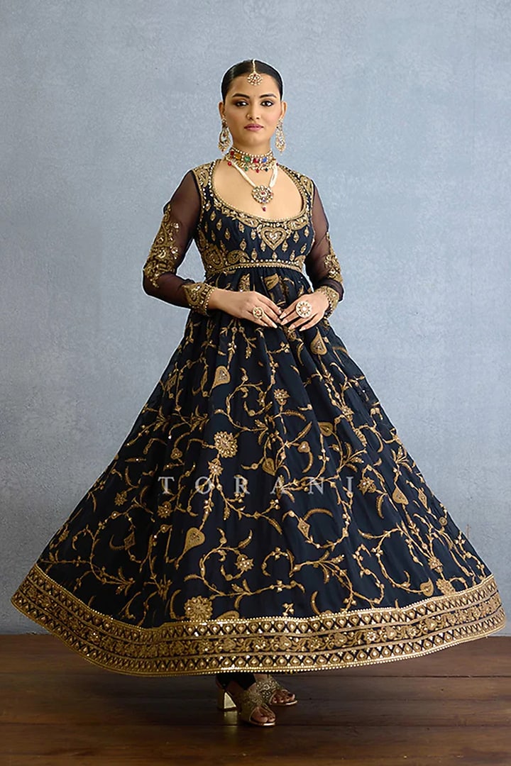 Black Muslin Silk & Georgette Zari Embellished Bridal Anarkali Set by TORANI at Pernia's Pop Up Shop