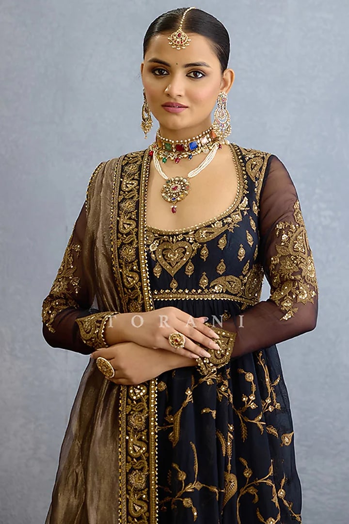 Black Muslin Silk & Georgette Zari Embellished Bridal Anarkali Set by TORANI at Pernia's Pop Up Shop
