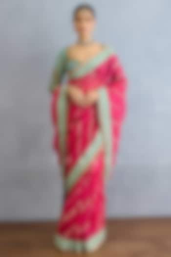 Pink & Aqua Pure Organza Dori Embroidered Bridal Saree Set by TORANI at Pernia's Pop Up Shop