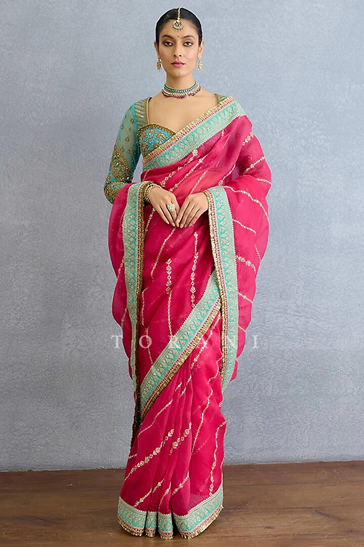 Pink & Aqua Pure Organza Dori Embroidered Bridal Saree Set by TORANI at Pernia's Pop Up Shop
