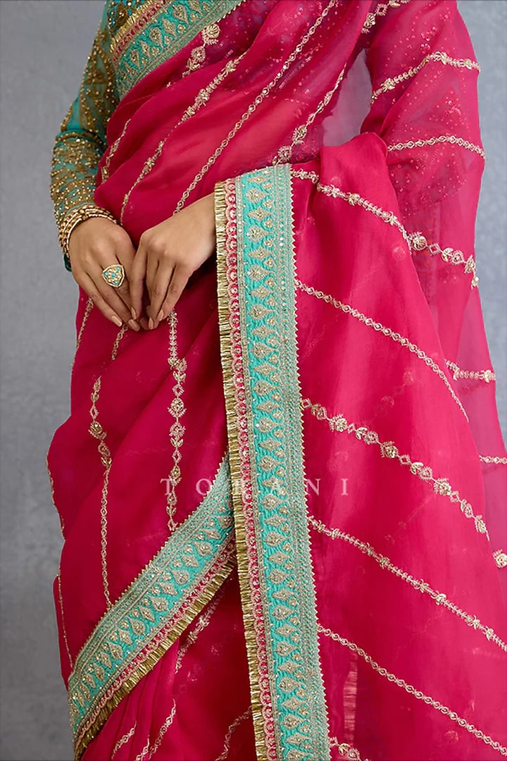 Pink & Aqua Pure Organza Dori Embroidered Reception Saree Set by TORANI at Pernia's Pop Up Shop