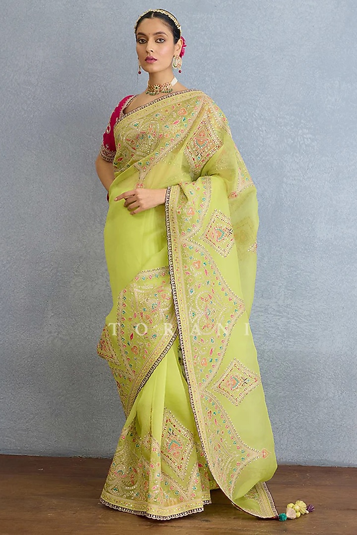 Green Organza Embroidered Bridal Saree Set by TORANI at Pernia's Pop Up Shop