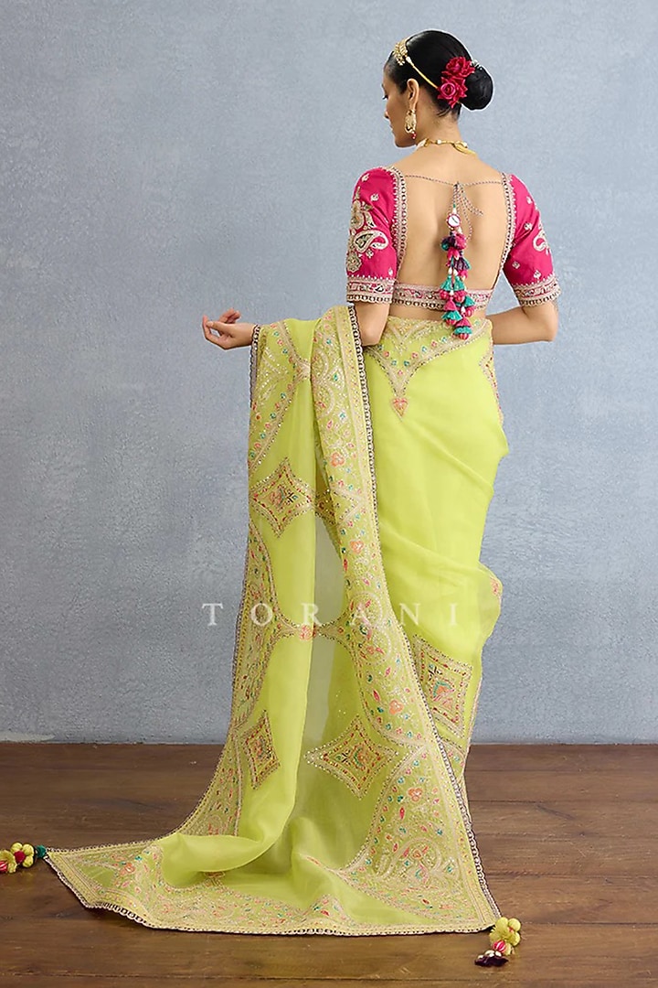 Green Organza Embroidered Bridal Saree Set by TORANI at Pernia's Pop Up Shop