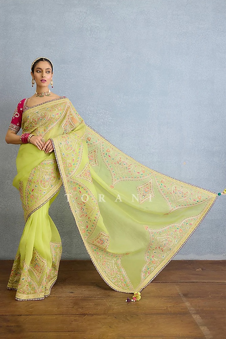 Green Organza Embroidered Bridal Saree Set by TORANI at Pernia's Pop Up Shop