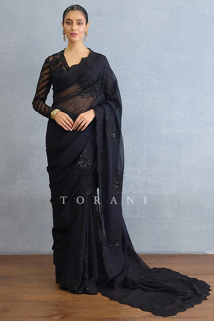 Black Georgette Cutdana Work Bridal Saree Set by TORANI at Pernia's Pop Up Shop