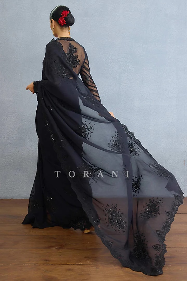 Black Georgette Cutdana Work Reception Saree Set by TORANI at Pernia's Pop Up Shop