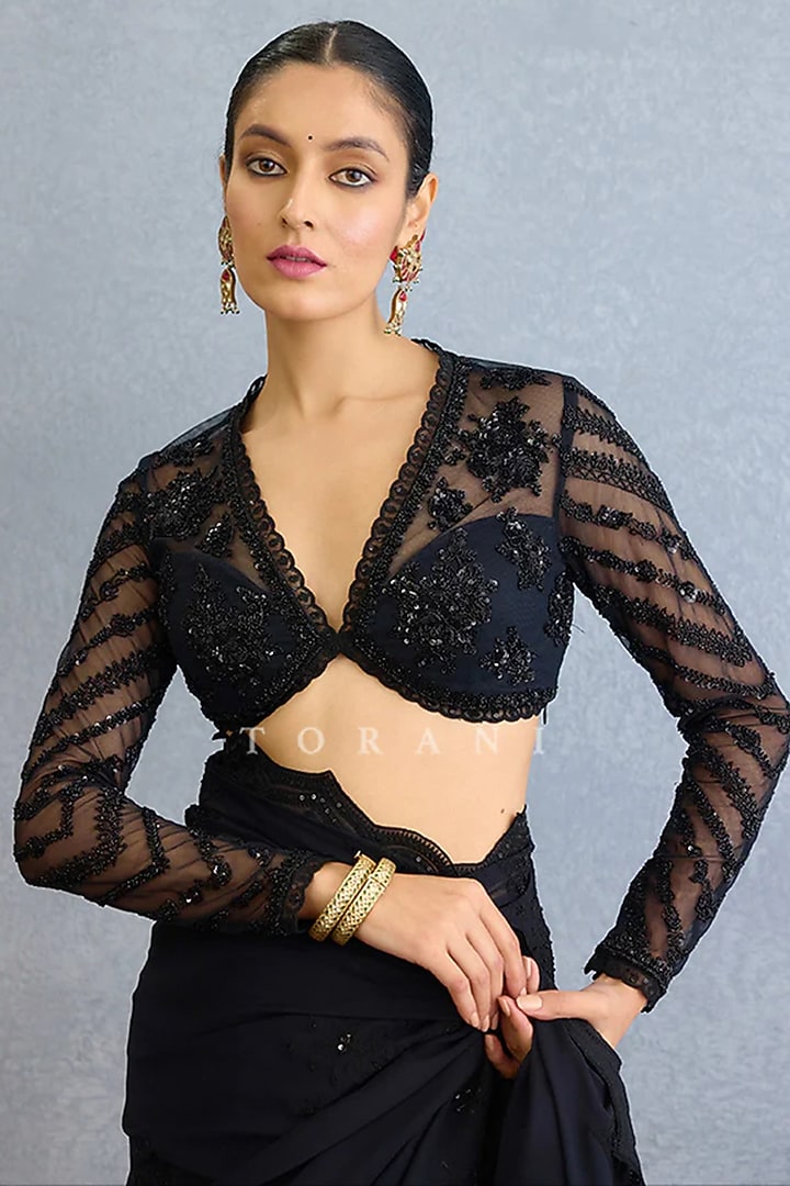 Black Georgette Cutdana Work Reception Saree Set by TORANI at Pernia's Pop Up Shop