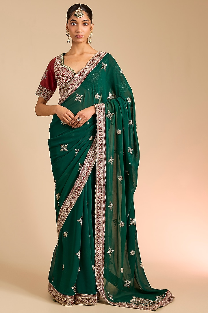 Green Chinon Georgette Bridal Saree by Torani at Pernia's Pop Up Shop