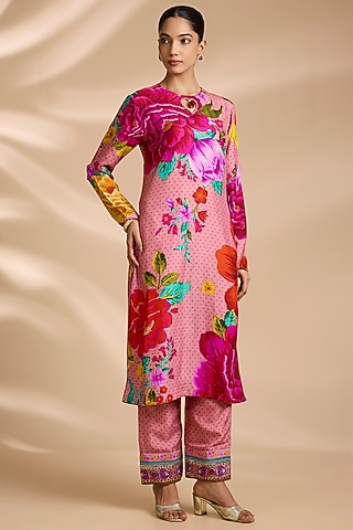 Pink Slub Silk Digital Printed Kurta Set by TORANI