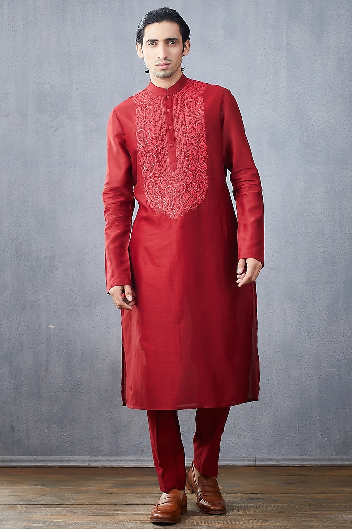 Red Embroidered Kurta Set by Torani Men