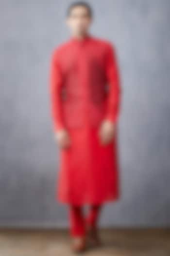 Red Embroidered Kurta Set With Jacket by Torani Men
