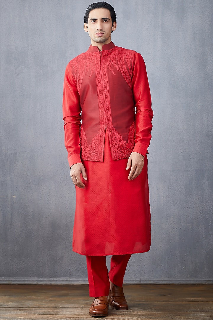 Red Embroidered Kurta Set With Jacket by Torani Men