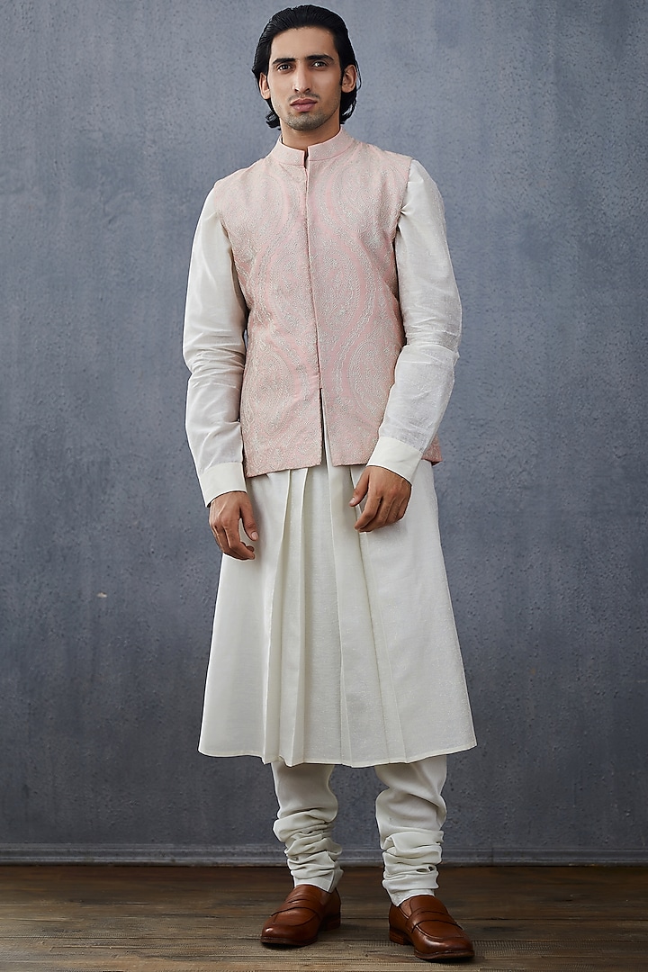 White & Blush Pink Jacket Set by Torani Men