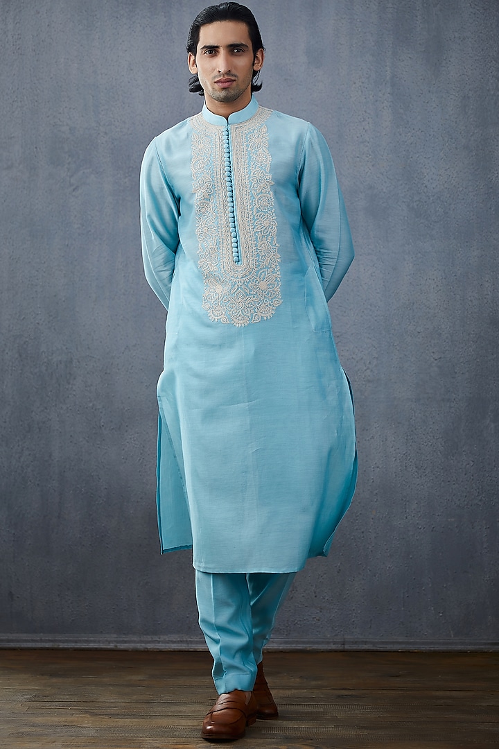 Powder Blue Embroidered Kurta Set by Torani Men