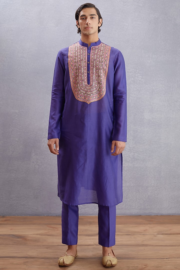 Amethyst Purple Handwoven Chanderi & Pure Cotton Voile Embroidered Kurta Set by Torani Men at Pernia's Pop Up Shop