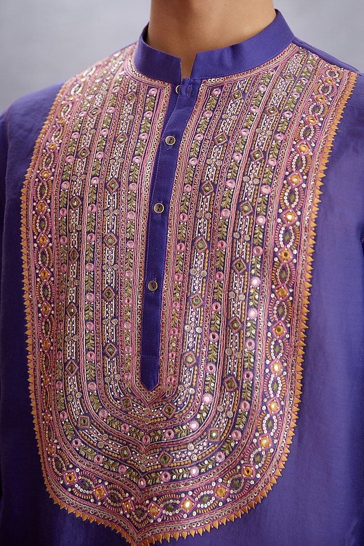Amethyst Purple Handwoven Chanderi & Pure Cotton Voile Embroidered Kurta Set by Torani Men at Pernia's Pop Up Shop