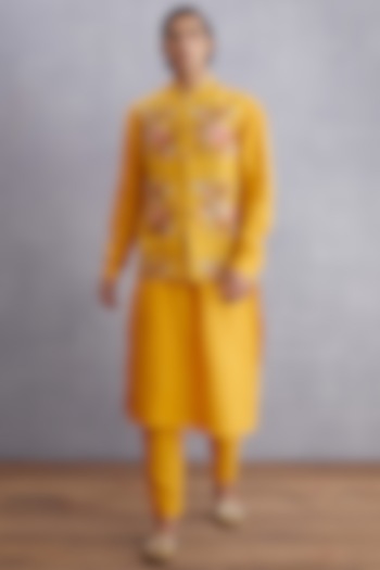 Topaz Yellow Printed Bundi Jacket by Torani Men