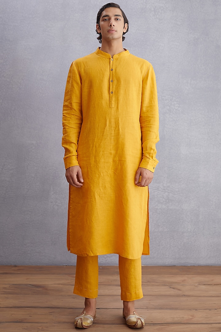 Topaz Yellow Handwoven Chanderi Kurta Set by Torani Men