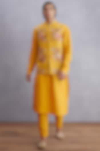 Topaz Yellow Handwoven Chanderi & Pure Cotton Voile Printed Bundi Jacket Set by Torani Men