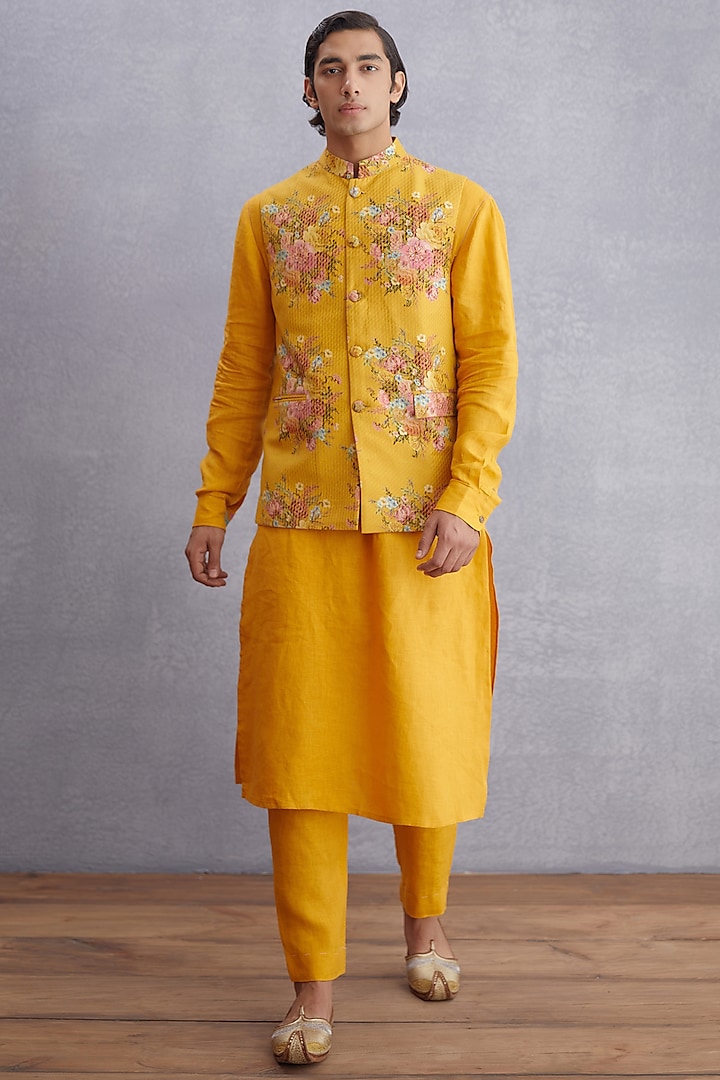 Topaz Yellow Handwoven Chanderi & Pure Cotton Voile Printed Bundi Jacket Set by Torani Men