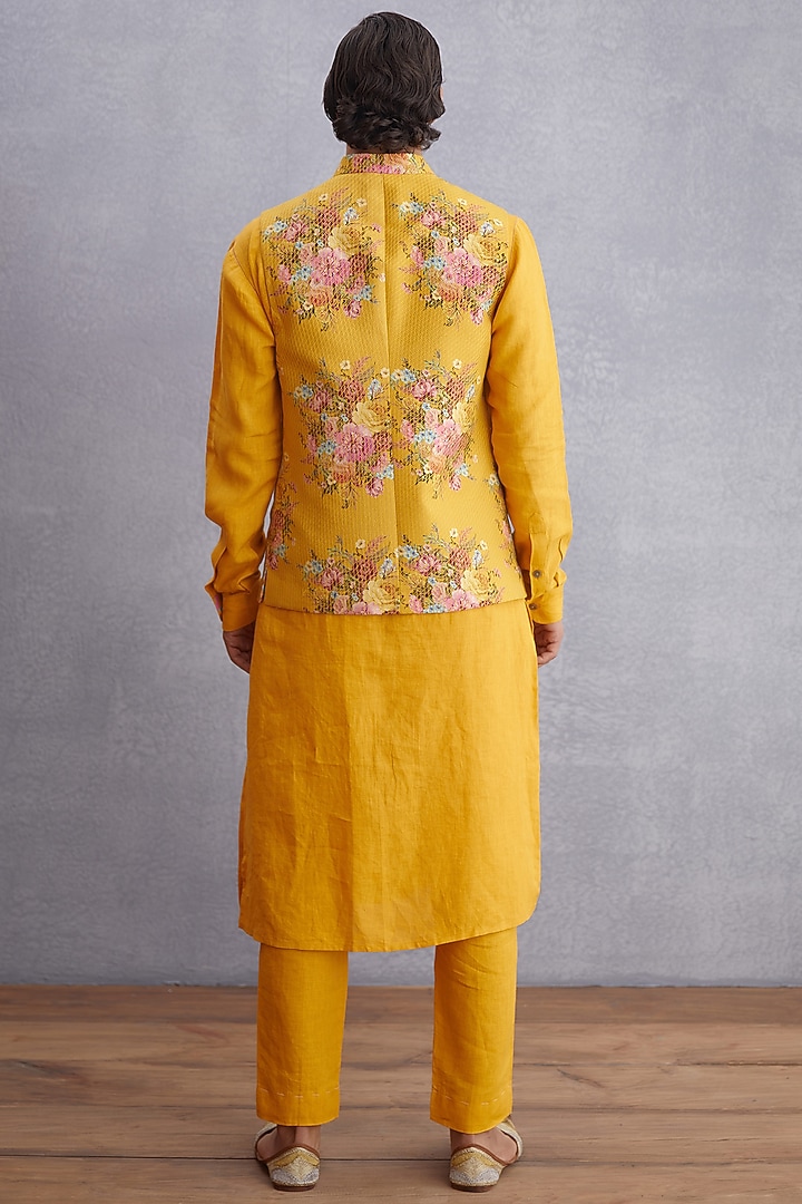 Topaz Yellow Handwoven Chanderi & Pure Cotton Voile Printed Bundi Jacket Set by Torani Men at Pernia's Pop Up Shop
