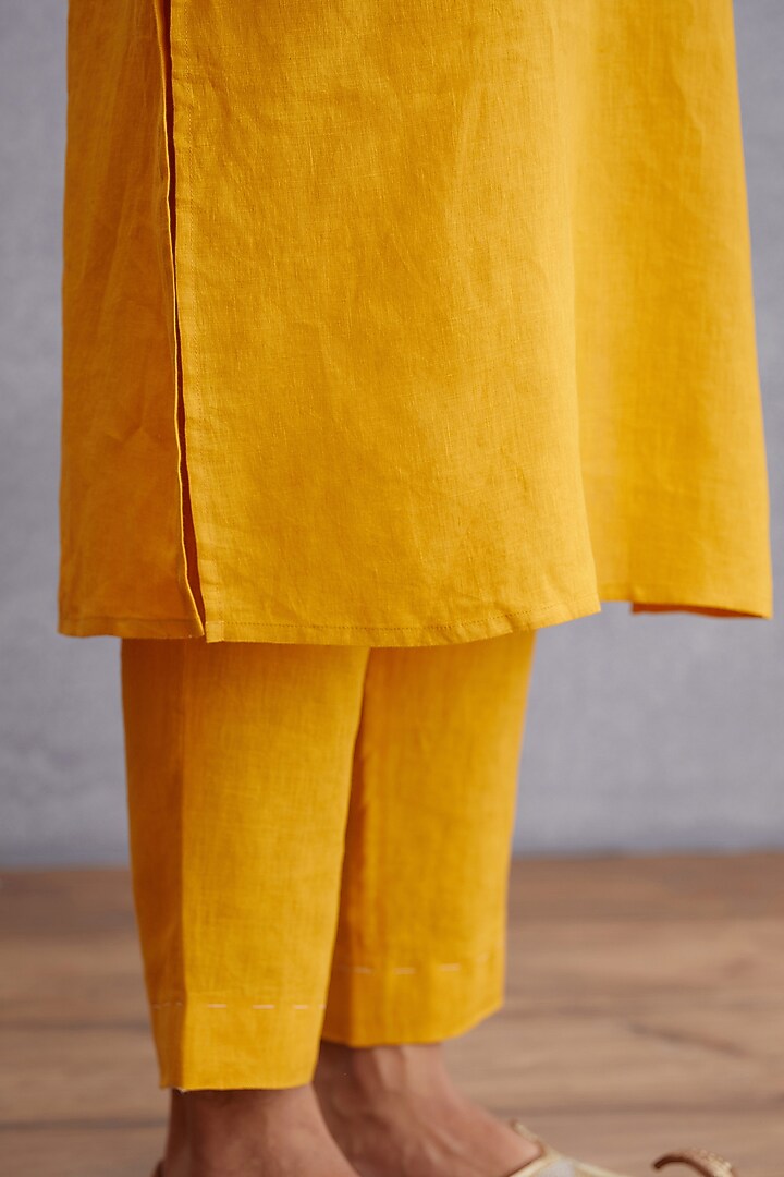 Topaz Yellow Handwoven Chanderi & Pure Cotton Voile Printed Bundi Jacket Set by Torani Men at Pernia's Pop Up Shop