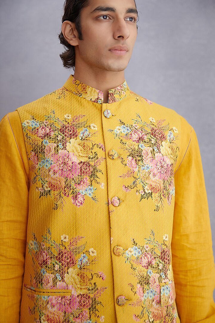 Topaz Yellow Handwoven Chanderi & Pure Cotton Voile Printed Bundi Jacket Set by Torani Men at Pernia's Pop Up Shop