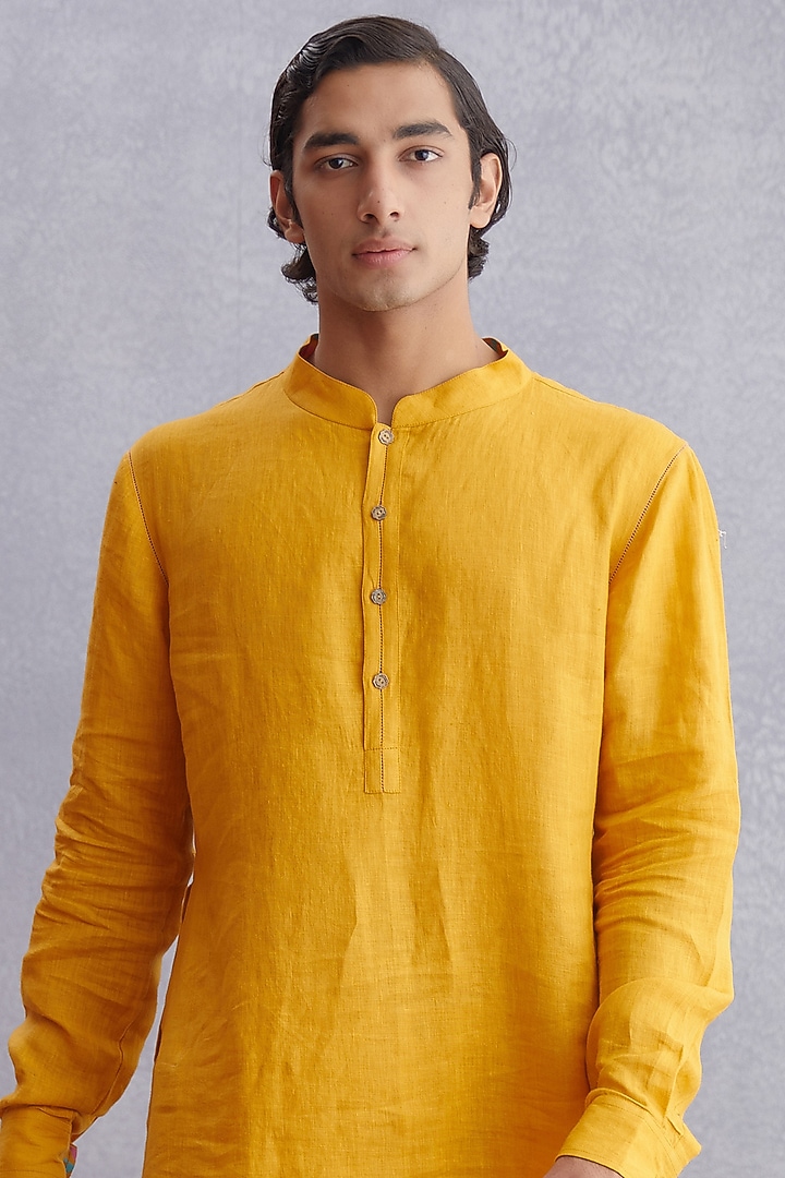 Topaz Yellow Handwoven Chanderi & Pure Cotton Voile Printed Bundi Jacket Set by Torani Men at Pernia's Pop Up Shop