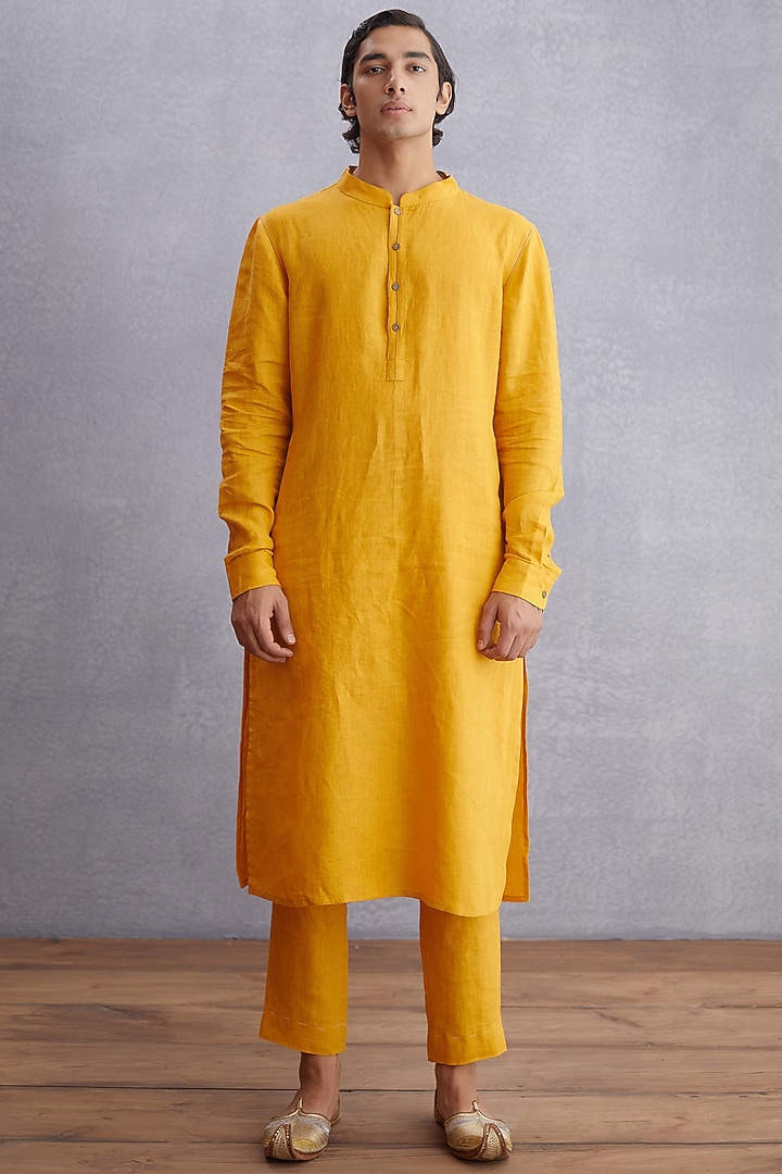 Topaz Yellow Handwoven Chanderi & Pure Cotton Voile Printed Bundi Jacket Set by Torani Men at Pernia's Pop Up Shop