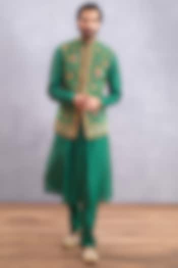 Emerald Green Handwoven Chanderi & Pure Cotton SIlk Printed Bundi Jacket Set by Torani Men