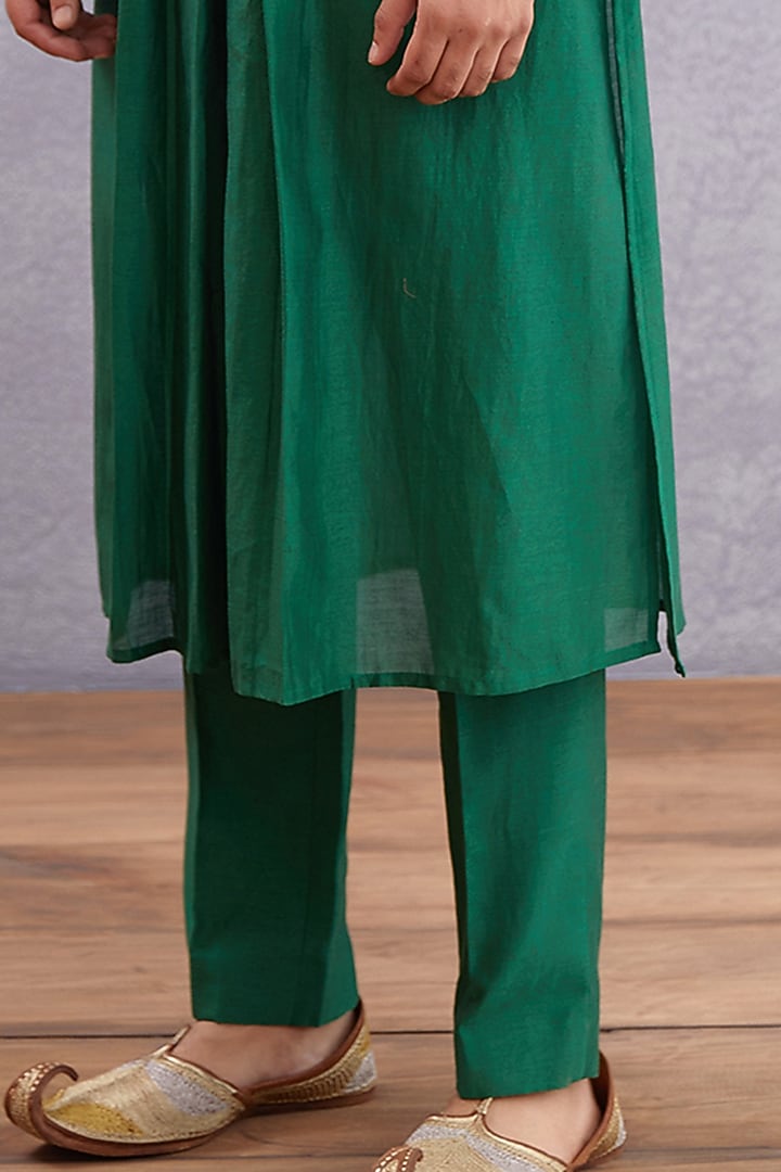 Emerald Green Handwoven Chanderi & Pure Cotton SIlk Printed Bundi Jacket Set by Torani Men at Pernia's Pop Up Shop