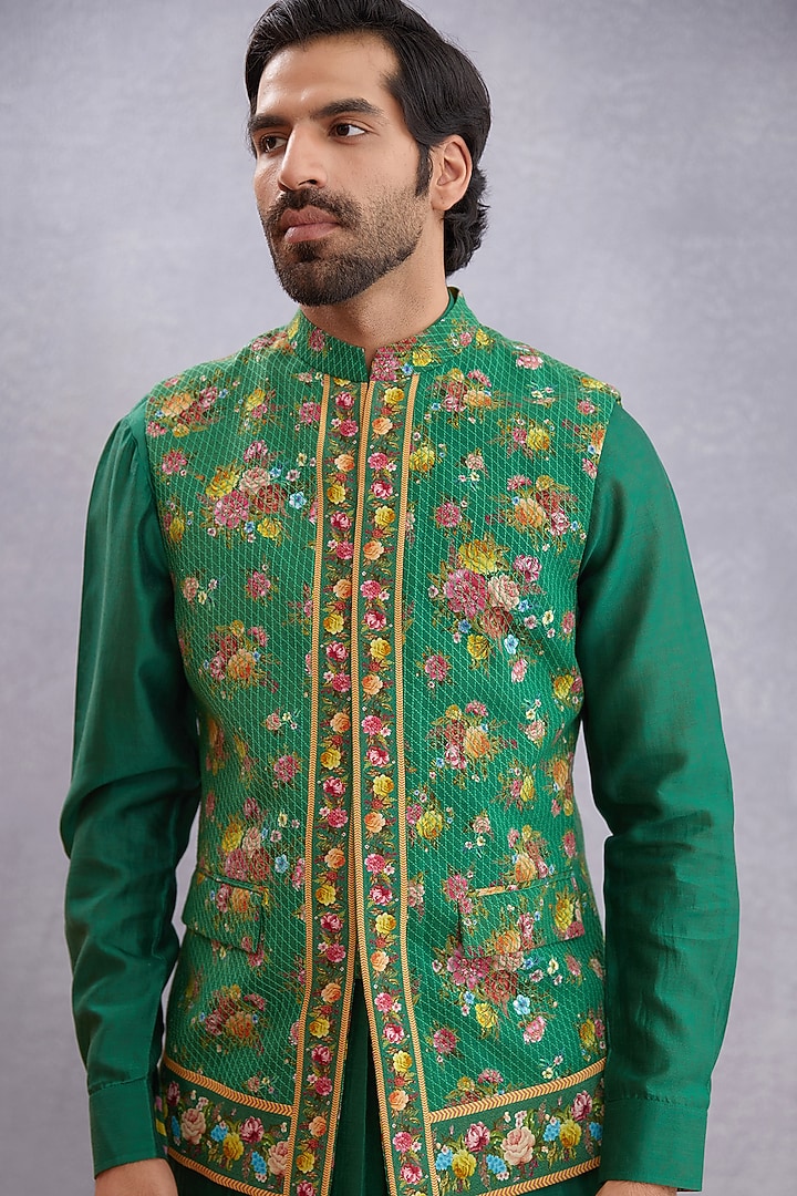 Emerald Green Handwoven Chanderi & Pure Cotton SIlk Printed Bundi Jacket Set by Torani Men at Pernia's Pop Up Shop
