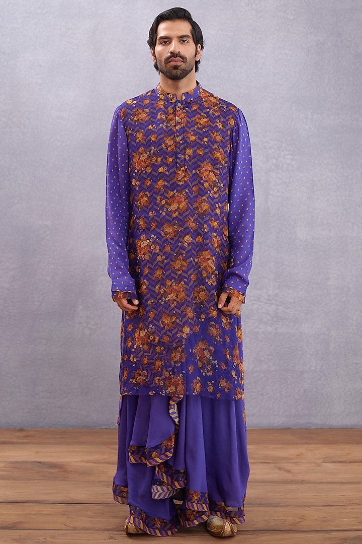 Amethyst Purple Handwoven Chanderi & Pure SIlk Organza Printed Kurta Set by Torani Men at Pernia's Pop Up Shop
