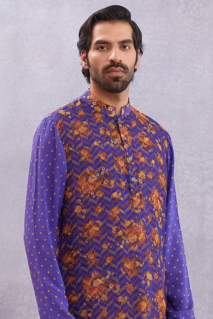 Amethyst Purple Handwoven Chanderi & Pure SIlk Organza Printed Kurta Set by Torani Men at Pernia's Pop Up Shop