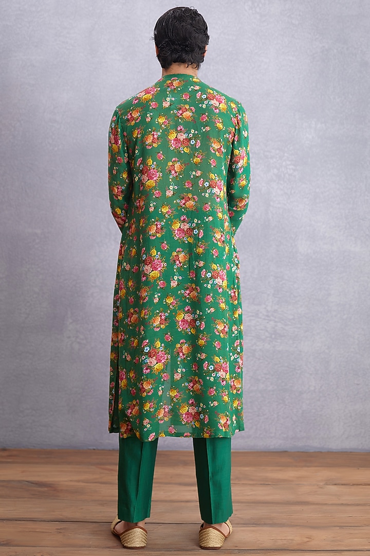 Emerald Green Handwoven Chanderi & Pure Cotton Voile Printed Kurta Set by Torani Men at Pernia's Pop Up Shop
