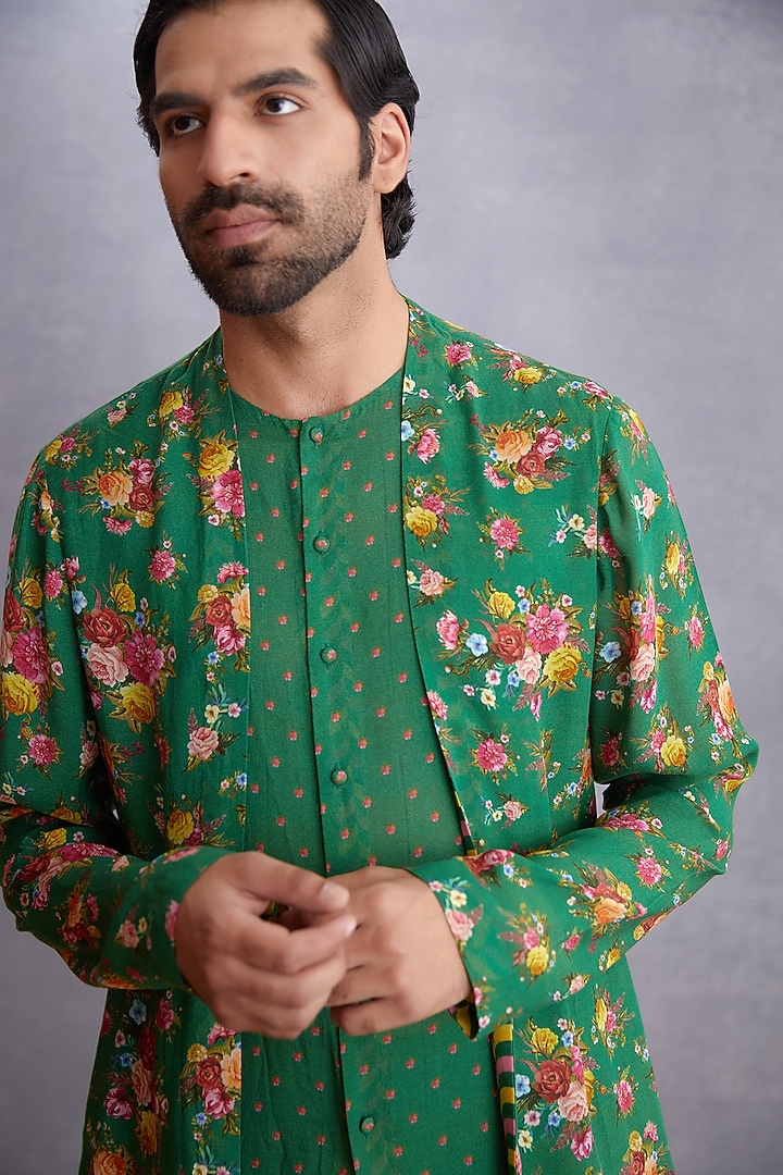 Emerald Green Handwoven Chanderi & Pure Cotton Voile Printed Kurta Set by Torani Men at Pernia's Pop Up Shop
