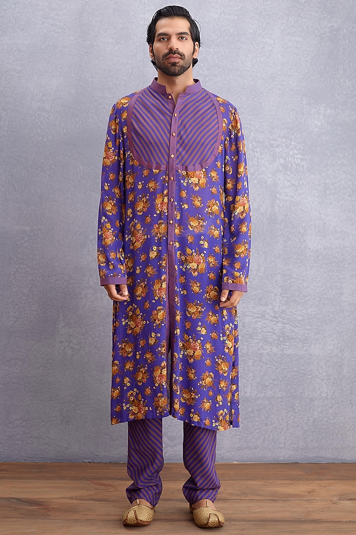 Amethyst Purple Handwoven Chanderi & Pure Cotton Voile Printed Kurta Set by Torani Men at Pernia's Pop Up Shop