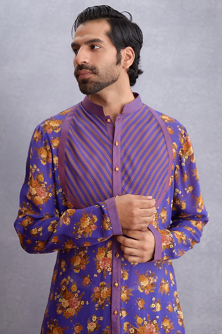 Amethyst Purple Handwoven Chanderi & Pure Cotton Voile Printed Kurta Set by Torani Men at Pernia's Pop Up Shop