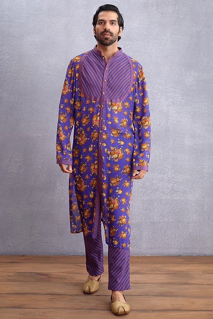 Amethyst Purple Handwoven Chanderi & Pure Cotton Voile Printed Kurta Set by Torani Men at Pernia's Pop Up Shop