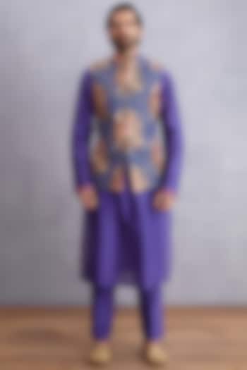 Amethyst Purple Handwoven Chanderi & Pure Cotton Voile Printed Bundi Jacket Set by Torani Men at Pernia's Pop Up Shop