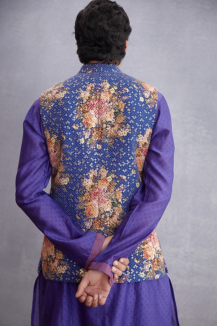 Amethyst Purple Handwoven Chanderi & Pure Cotton Voile Printed Bundi Jacket Set by Torani Men at Pernia's Pop Up Shop