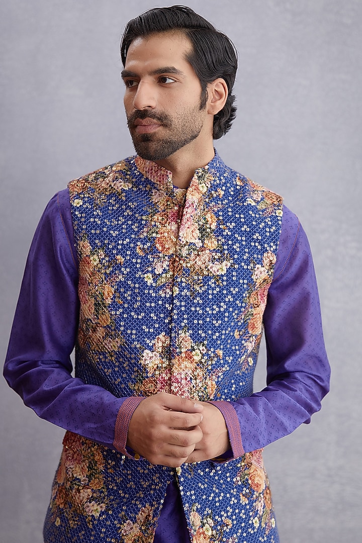 Amethyst Purple Handwoven Chanderi & Pure Cotton Voile Printed Bundi Jacket Set by Torani Men at Pernia's Pop Up Shop