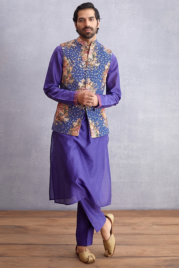 Amethyst Purple Handwoven Chanderi & Pure Cotton Voile Printed Bundi Jacket Set by Torani Men at Pernia's Pop Up Shop