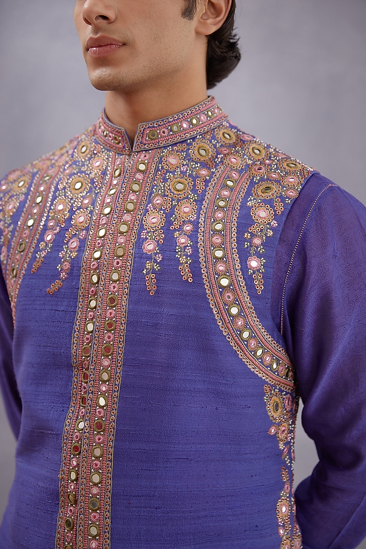 Amethyst Purple Handwoven Chanderi & Pure Cotton Voile Embroidered Bundi Jacket Set by Torani Men at Pernia's Pop Up Shop