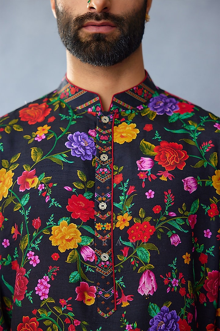Black Muslin Silk Digital Printed Kurta Set by Torani Men at Pernia's Pop Up Shop
