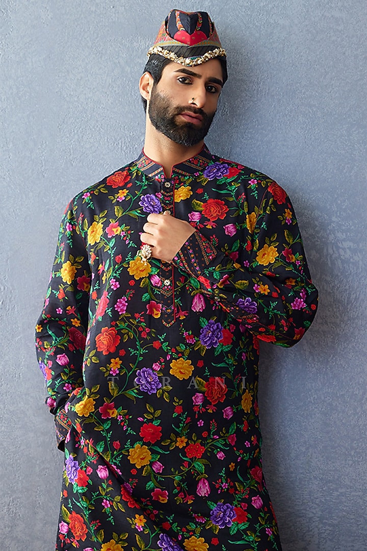 Black Muslin Silk Digital Printed Kurta Set by Torani Men at Pernia's Pop Up Shop